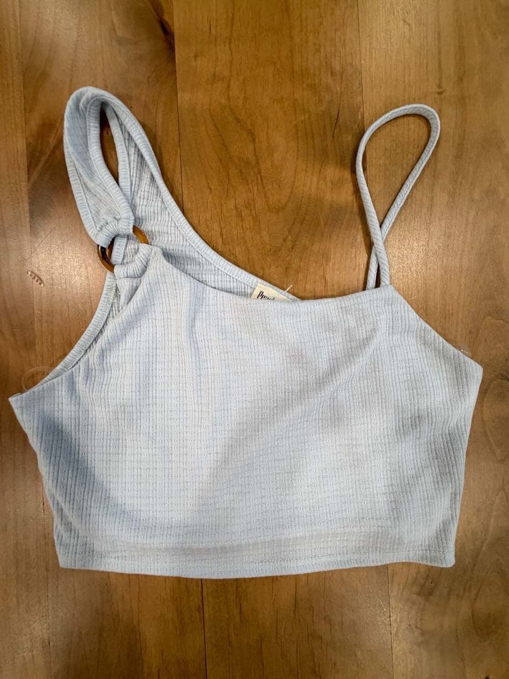 Peach Love California Light Blue Ribbed Knit One Shoulder Crop Tank Top Medium